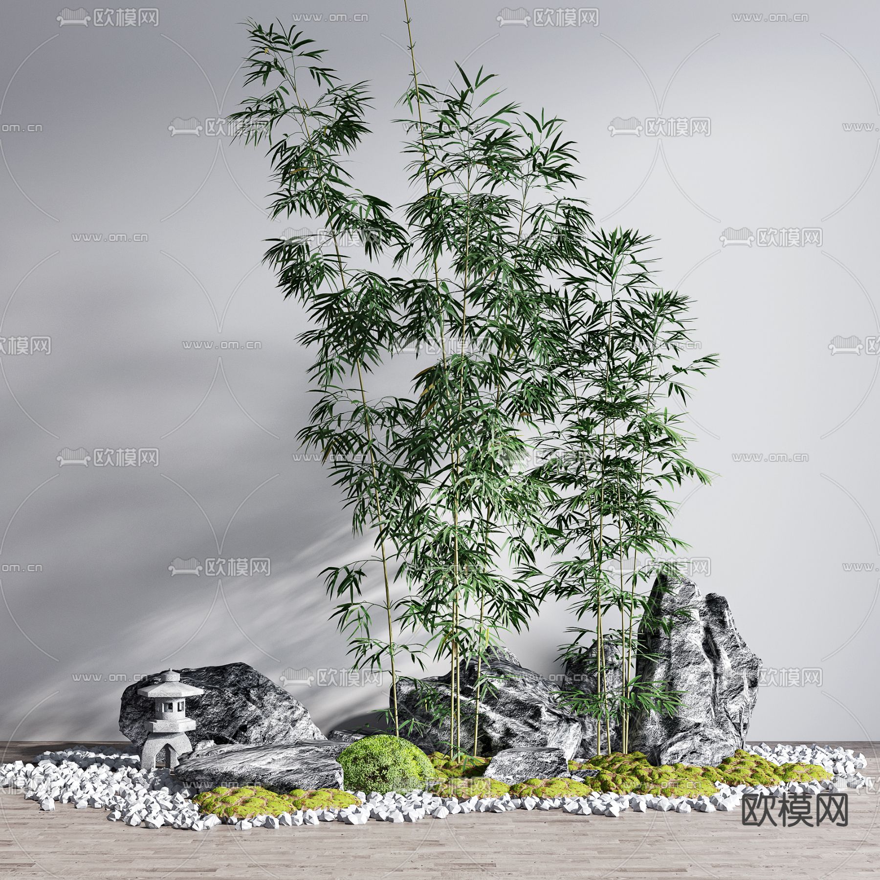 新中式竹子石头景观小品3d模型下载