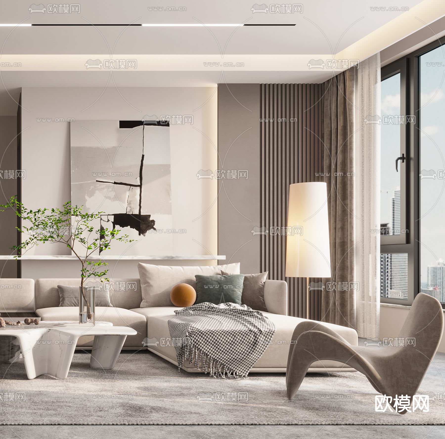 现代布艺转角沙发组合3d模型下载（渲染图3）