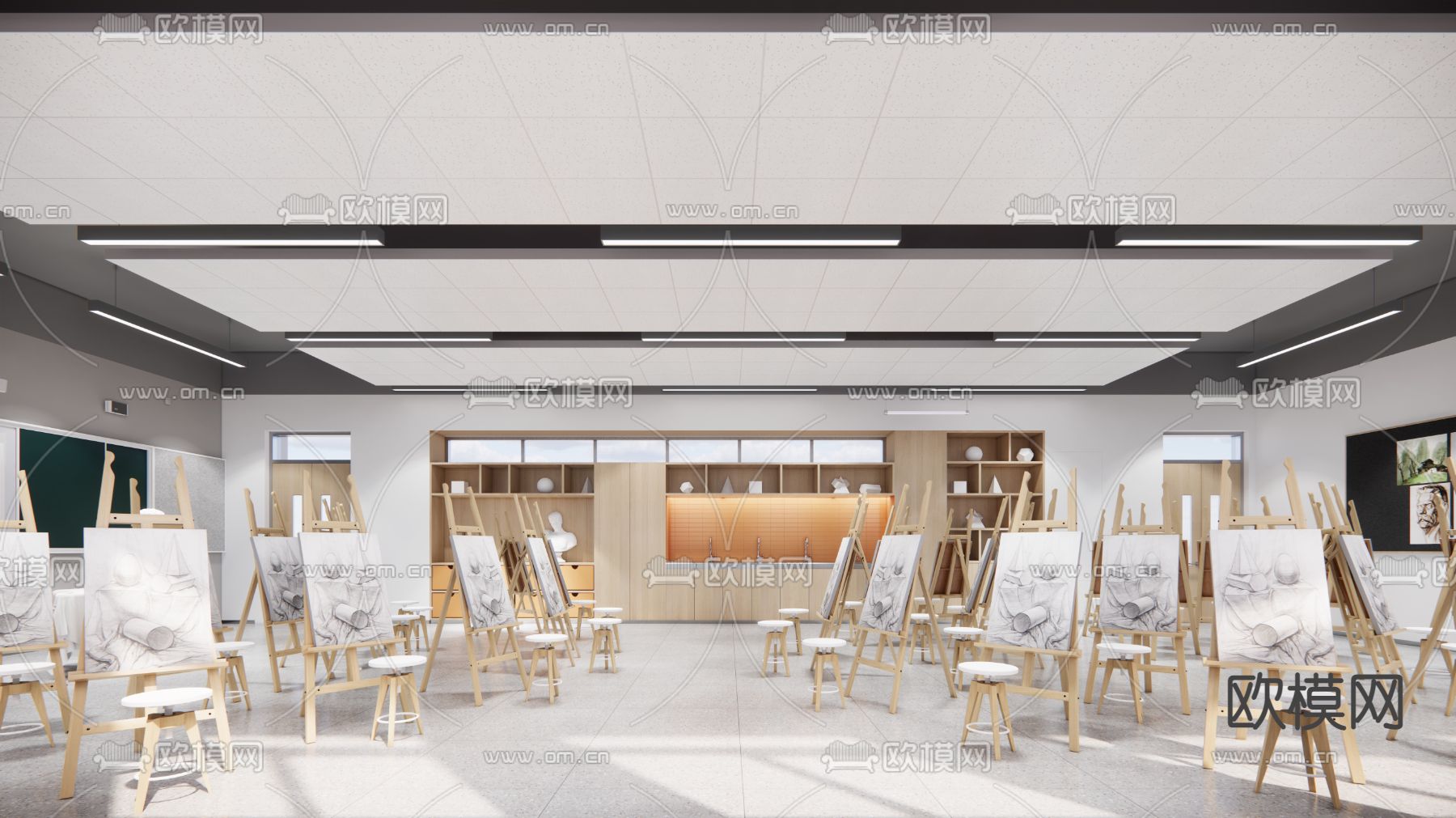 现代美术教室su模型下载（渲染图1）