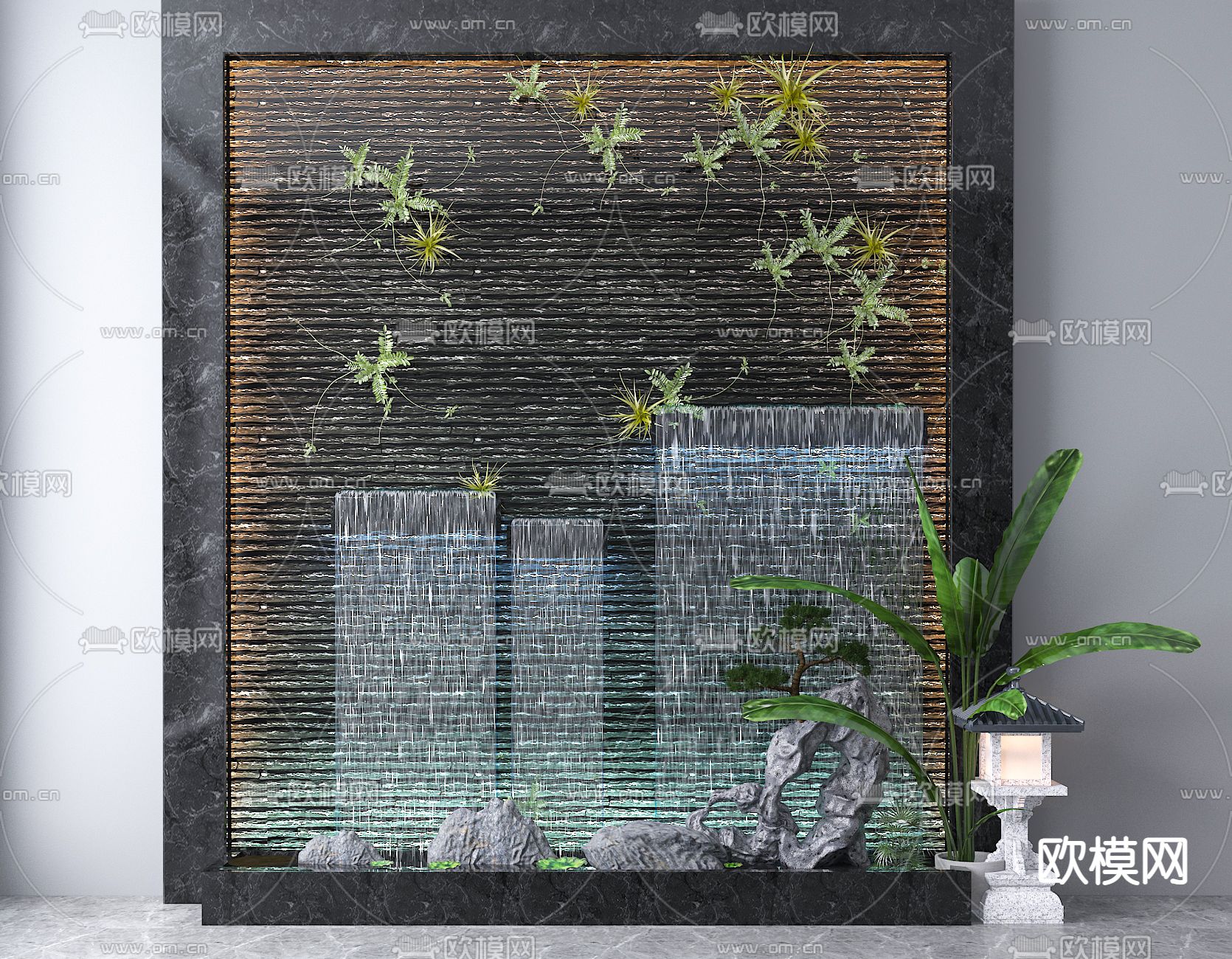 现代假山喷水景墙su模型下载（渲染图1）