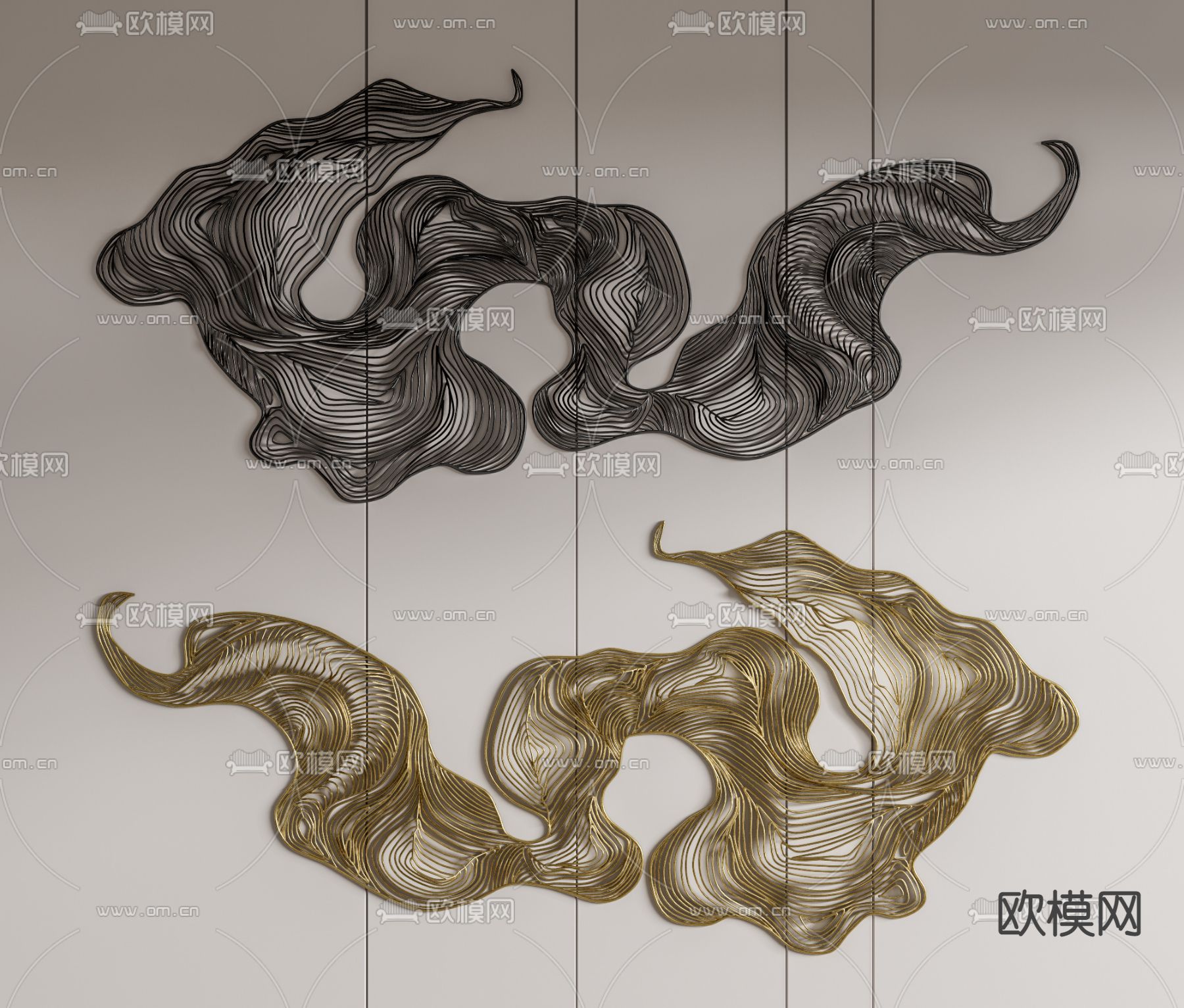 新中式波浪墙饰挂件su模型下载（渲染图1）