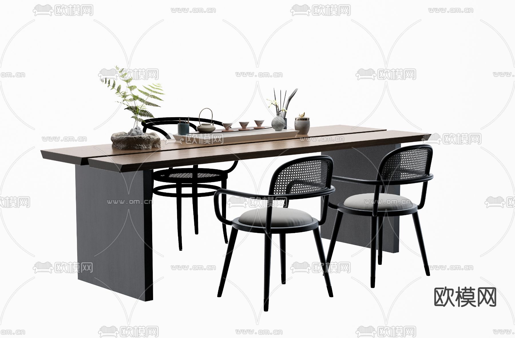 侘寂风实木藤编茶桌椅3d模型下载