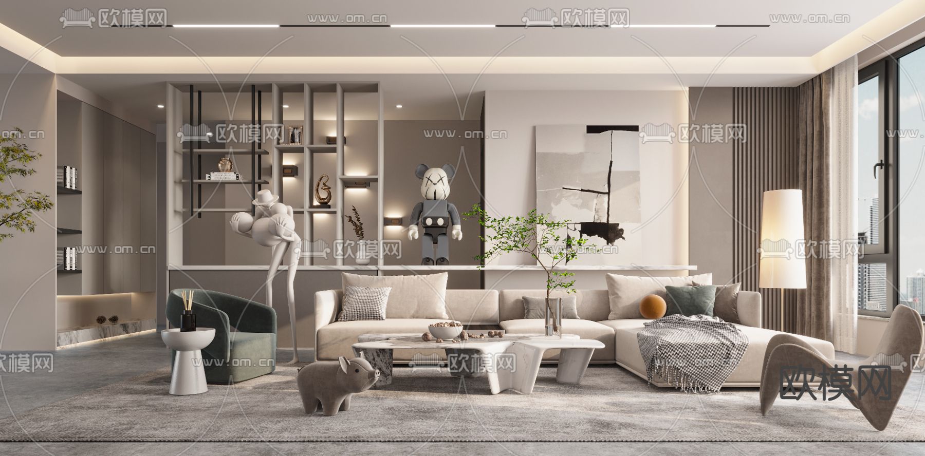 现代布艺转角沙发组合3d模型下载（渲染图1）