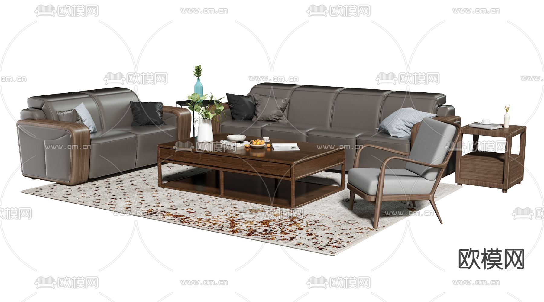 新中式皮革办公沙发组合3d模型下载（渲染图2）