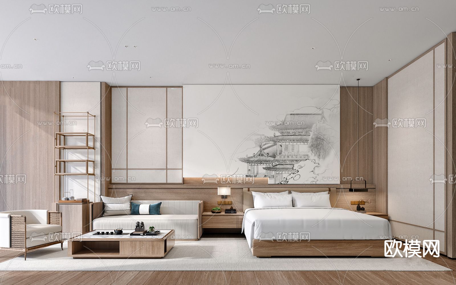 新中式酒店客房su模型下载（渲染图1）