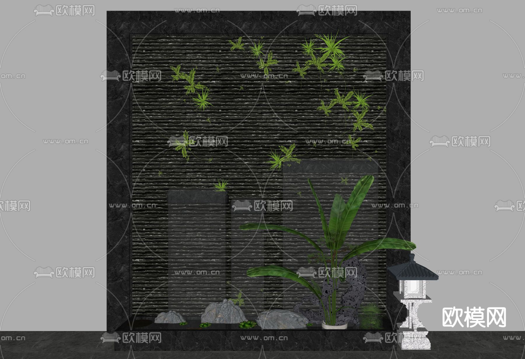 现代假山喷水景墙su模型下载（渲染图2）