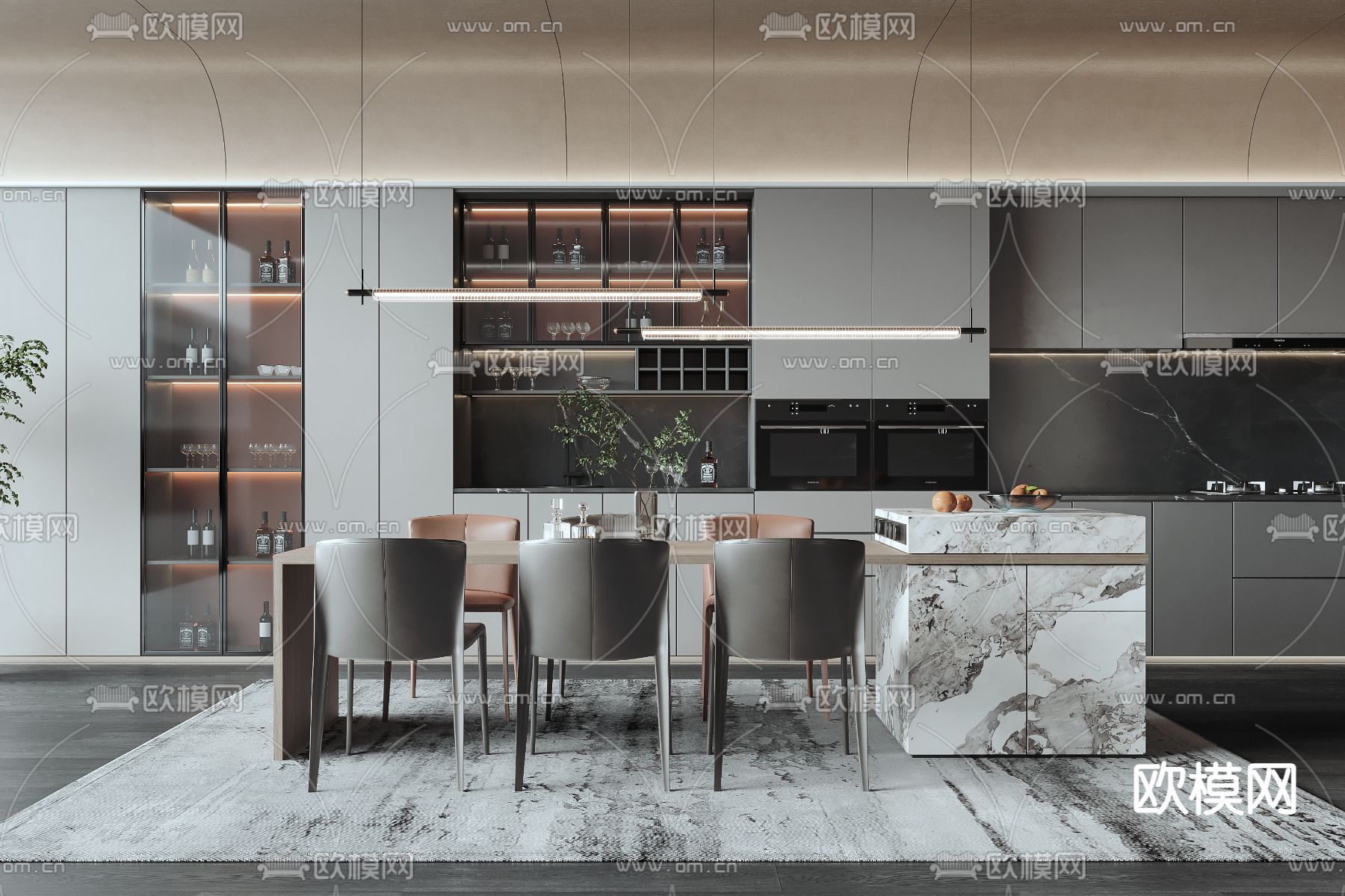 现代中岛餐桌椅3d模型下载（渲染图1）