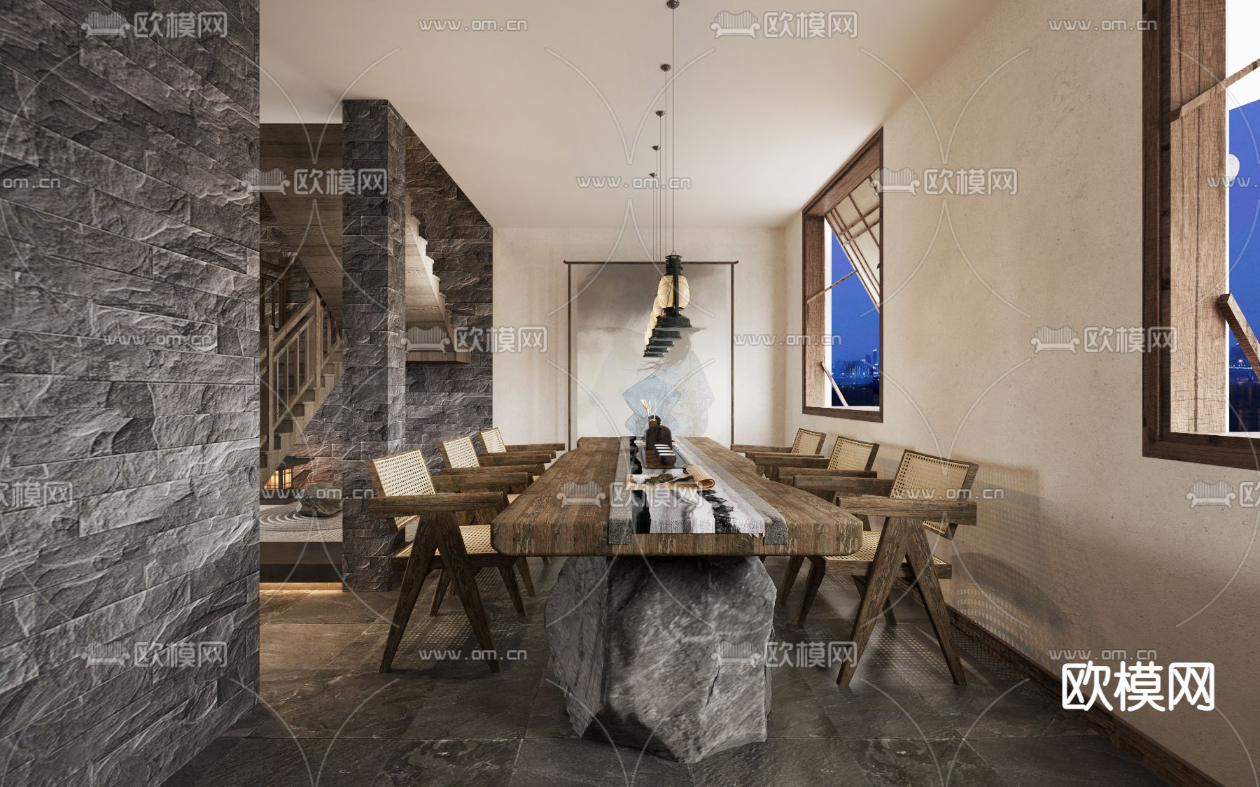 自然风民宿客厅餐厅3d模型下载（渲染图2）