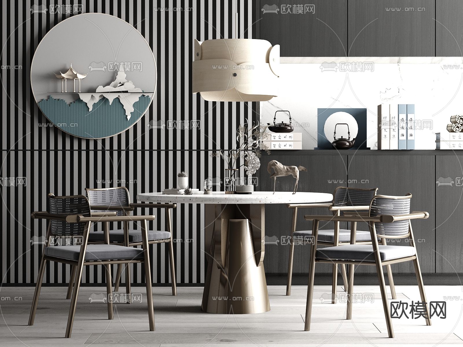 新中式轻奢休闲桌椅su模型下载（渲染图1）