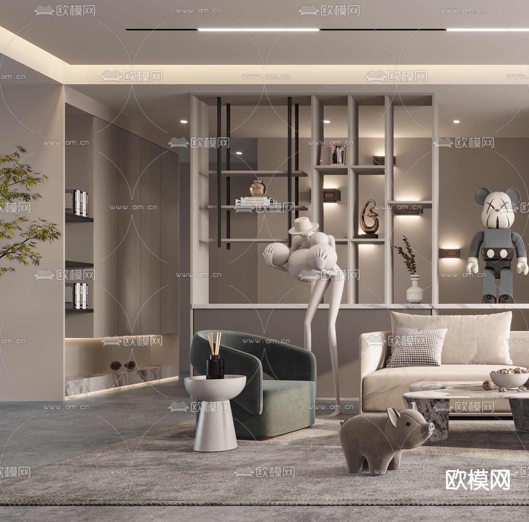 现代布艺转角沙发组合3d模型下载（渲染图2）