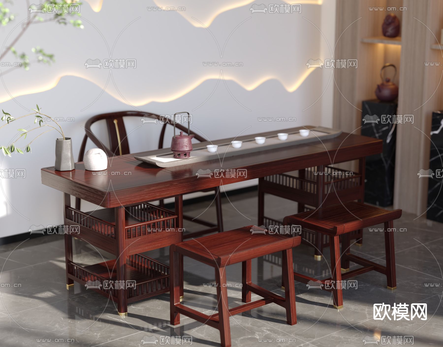 中式红木茶桌椅3d模型
