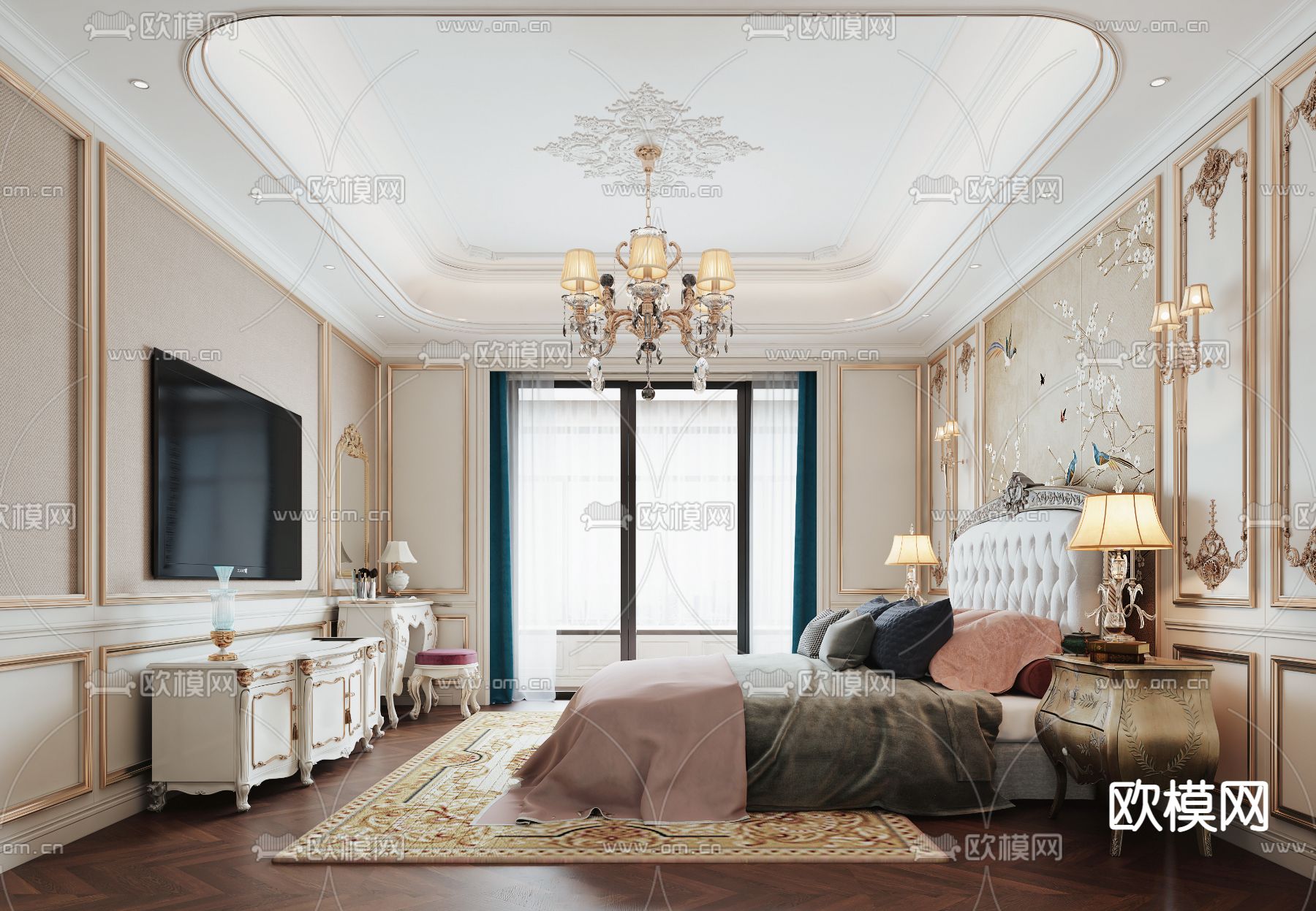 欧式轻奢卧室主人房3d模型下载（渲染图2）