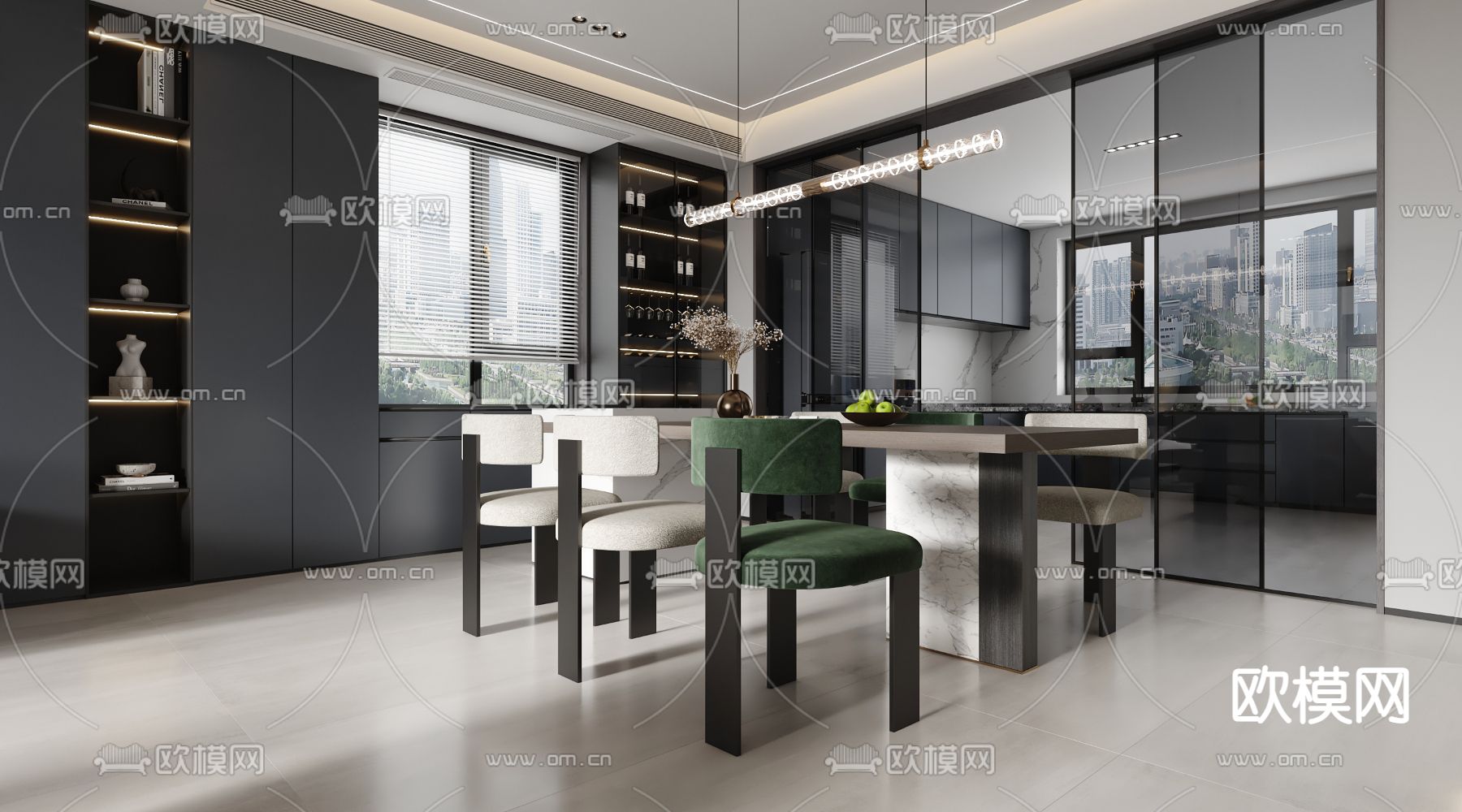 现代高级灰客厅餐厅3d模型