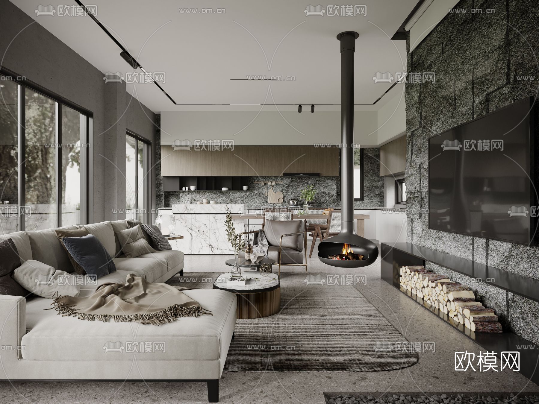 现代高级灰客厅餐厅3d模型下载（渲染图1）