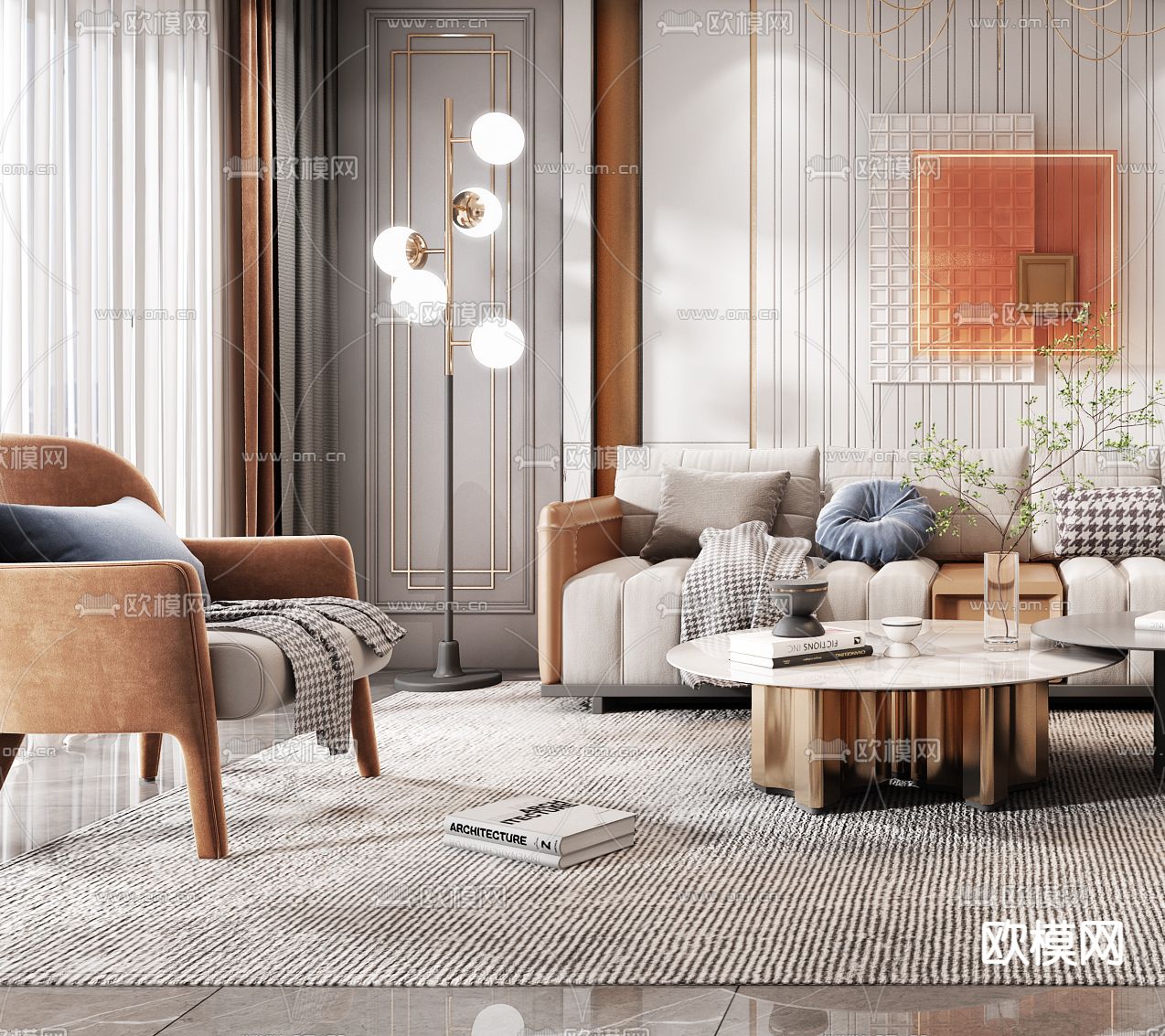 现代轻奢客厅3d模型下载（渲染图2）