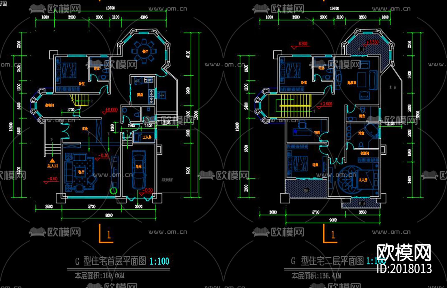 欧式别墅cad平面图下载（渲染图1）