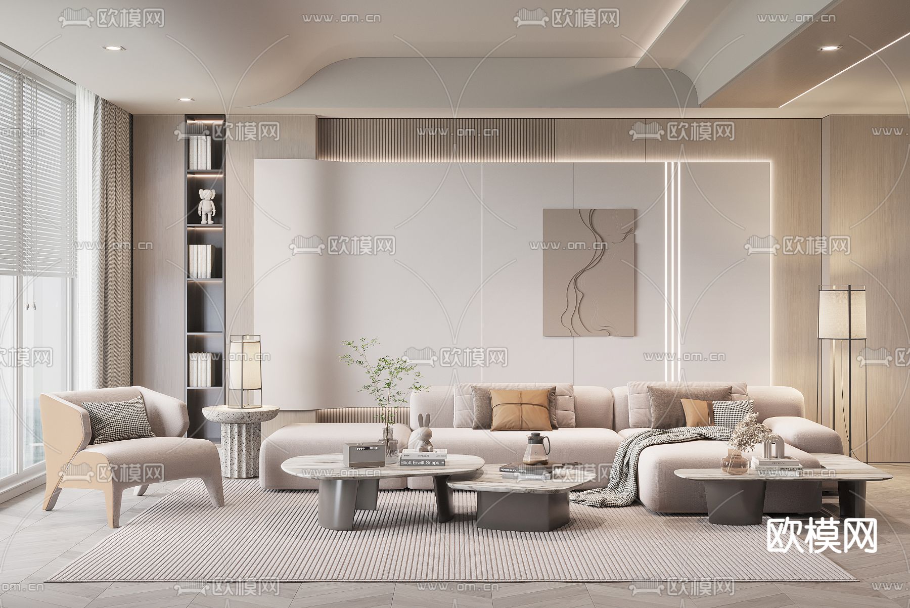 现代布艺转角沙发组合3d模型下载（渲染图1）