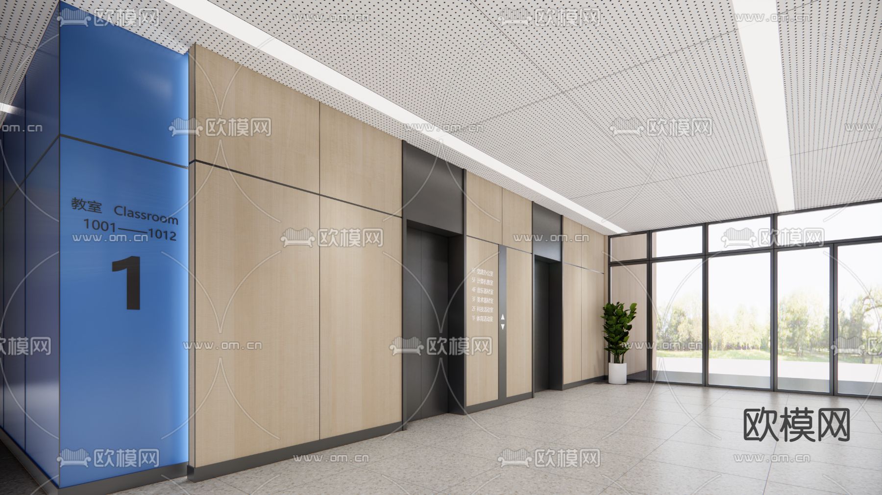 现代学校教学楼大厅su模型下载（渲染图2）