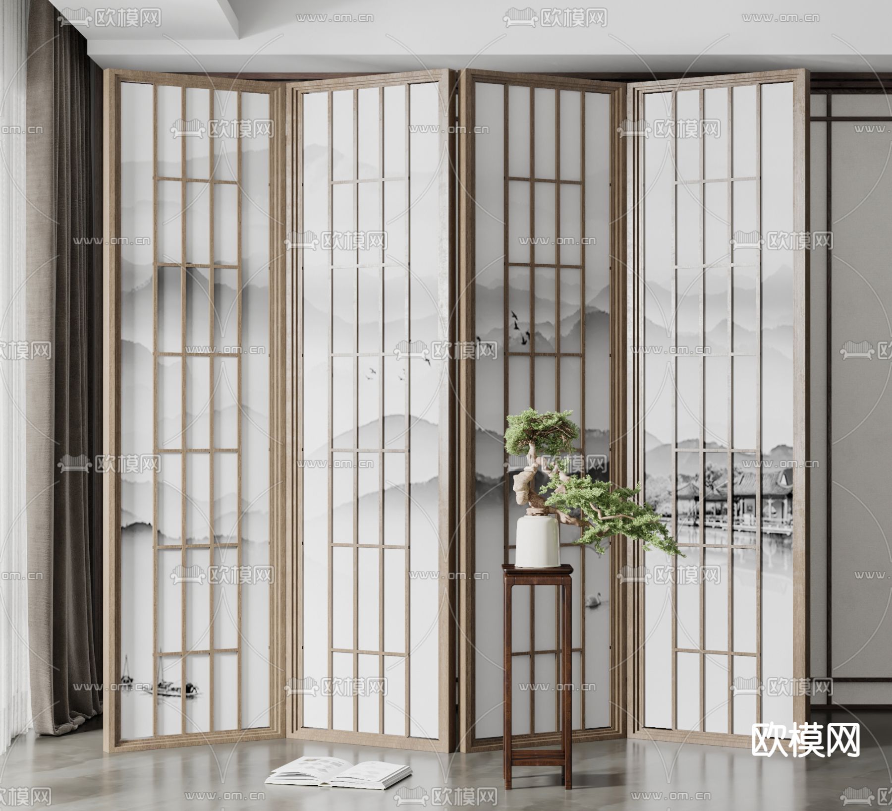 新中式屏风隔断su模型下载（渲染图1）