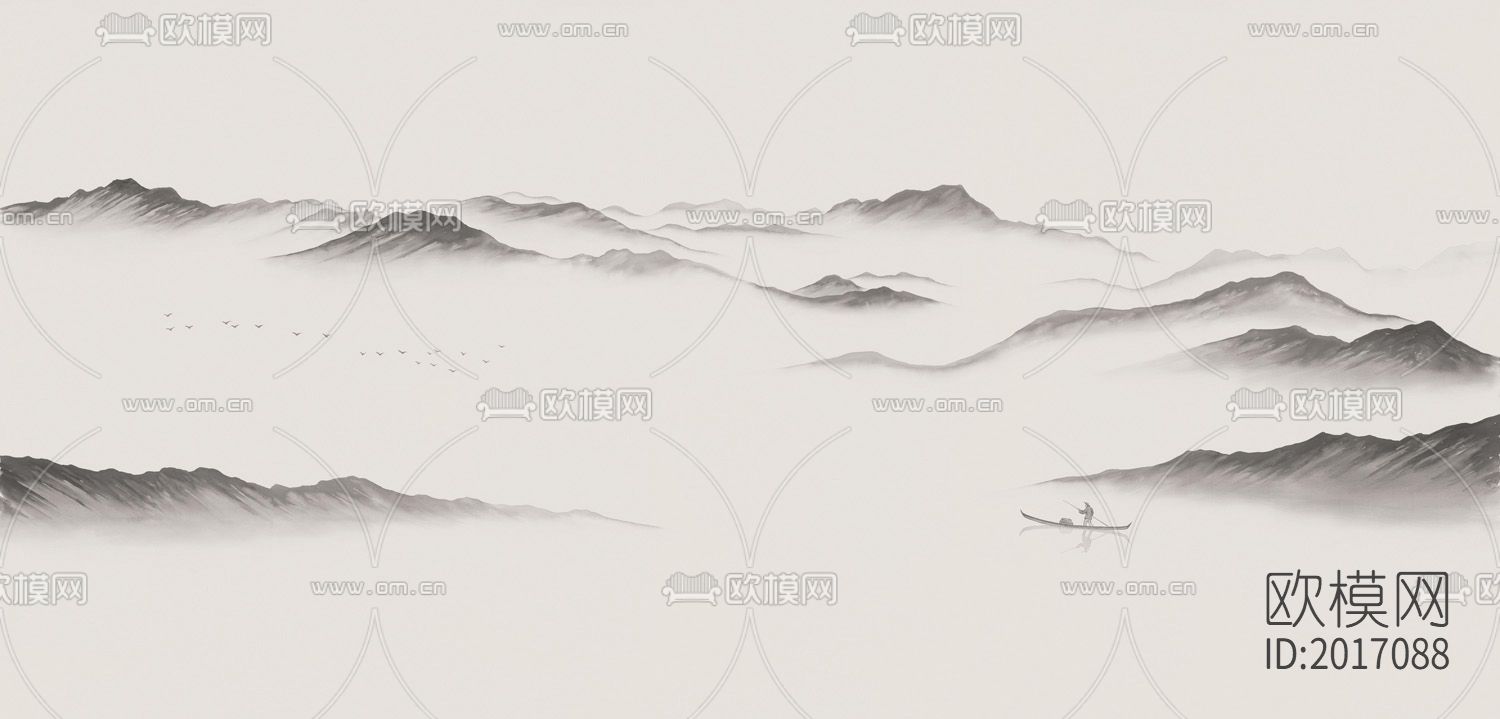 新中式意境山水壁画壁纸下载（渲染图1）