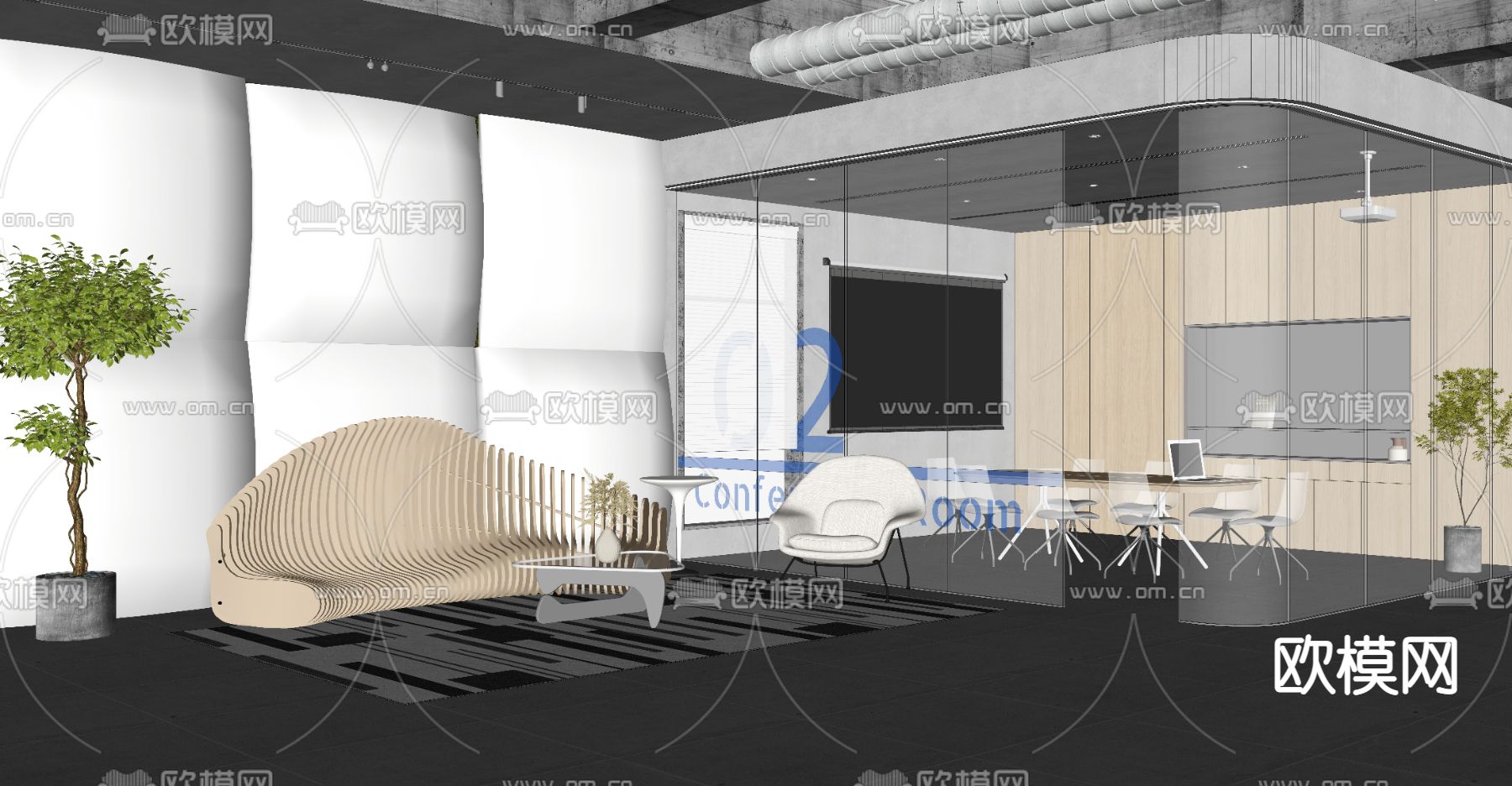 现代办公休息区su模型下载（渲染图2）