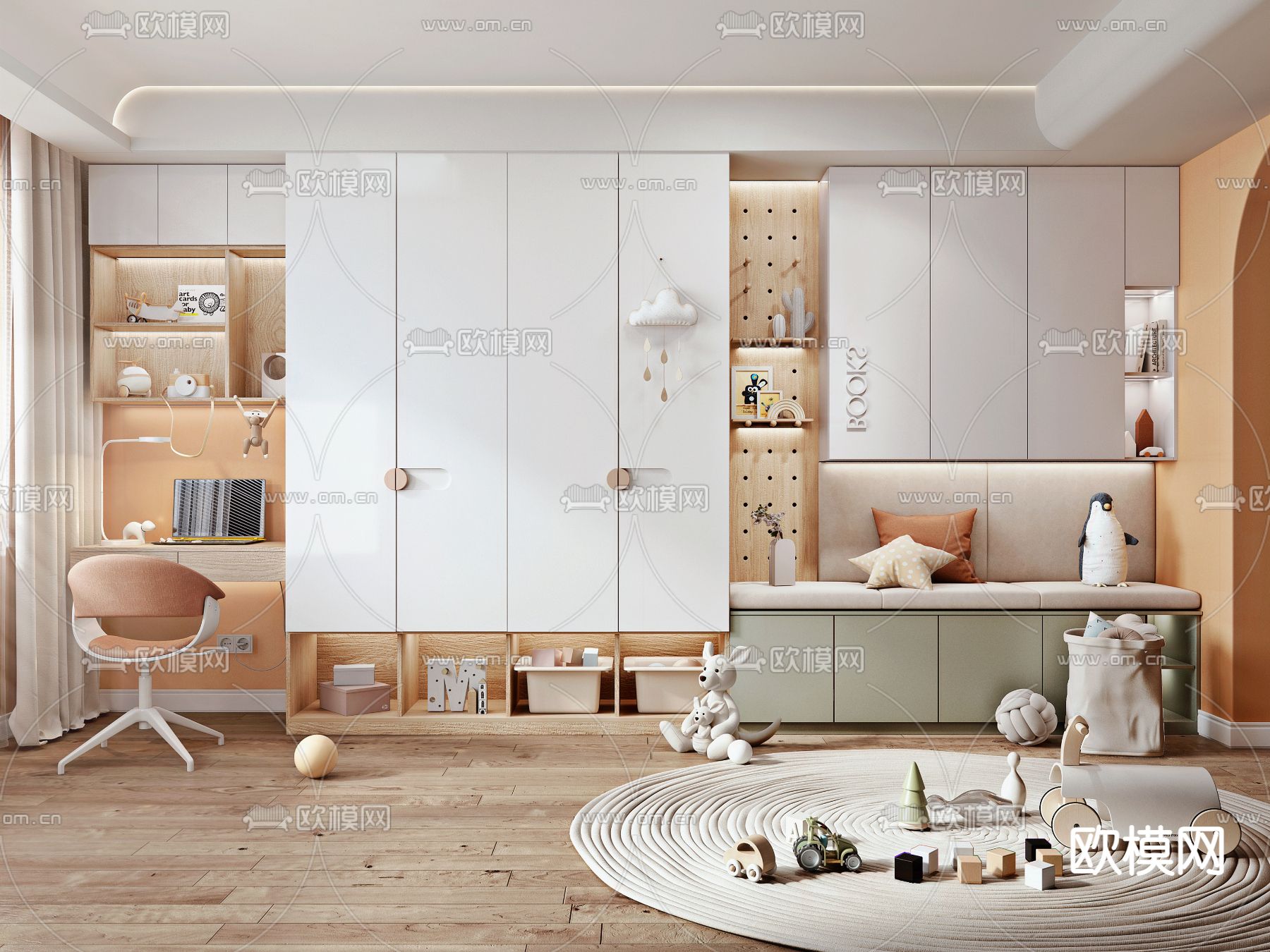 现代儿童书桌书柜一体式3d模型下载