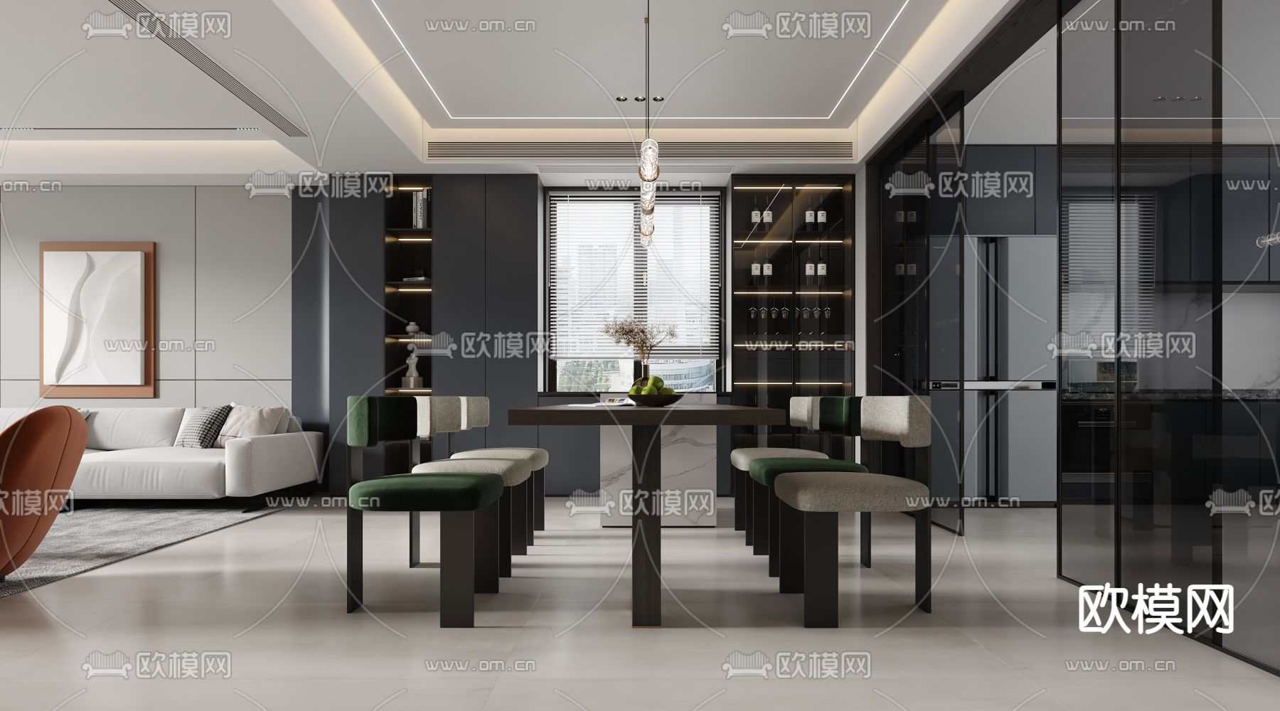 现代高级灰客厅餐厅3d模型