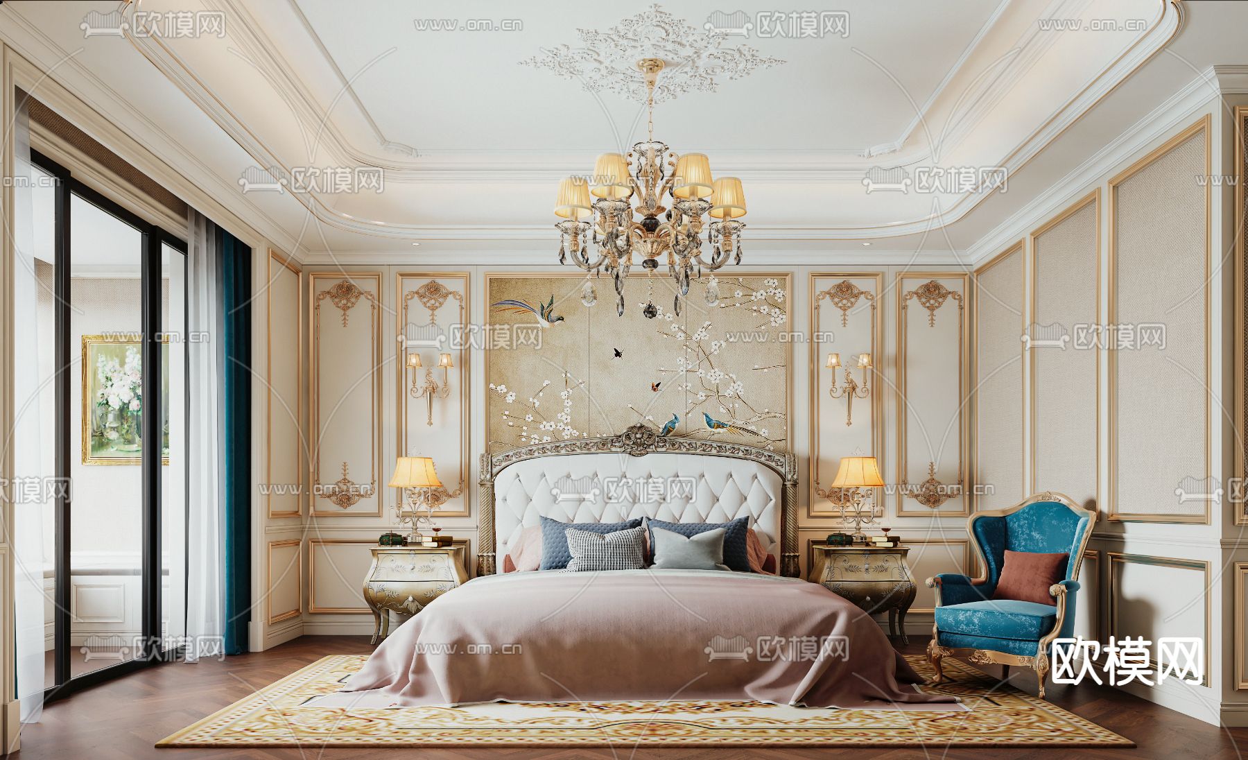 欧式轻奢卧室主人房3d模型下载（渲染图1）
