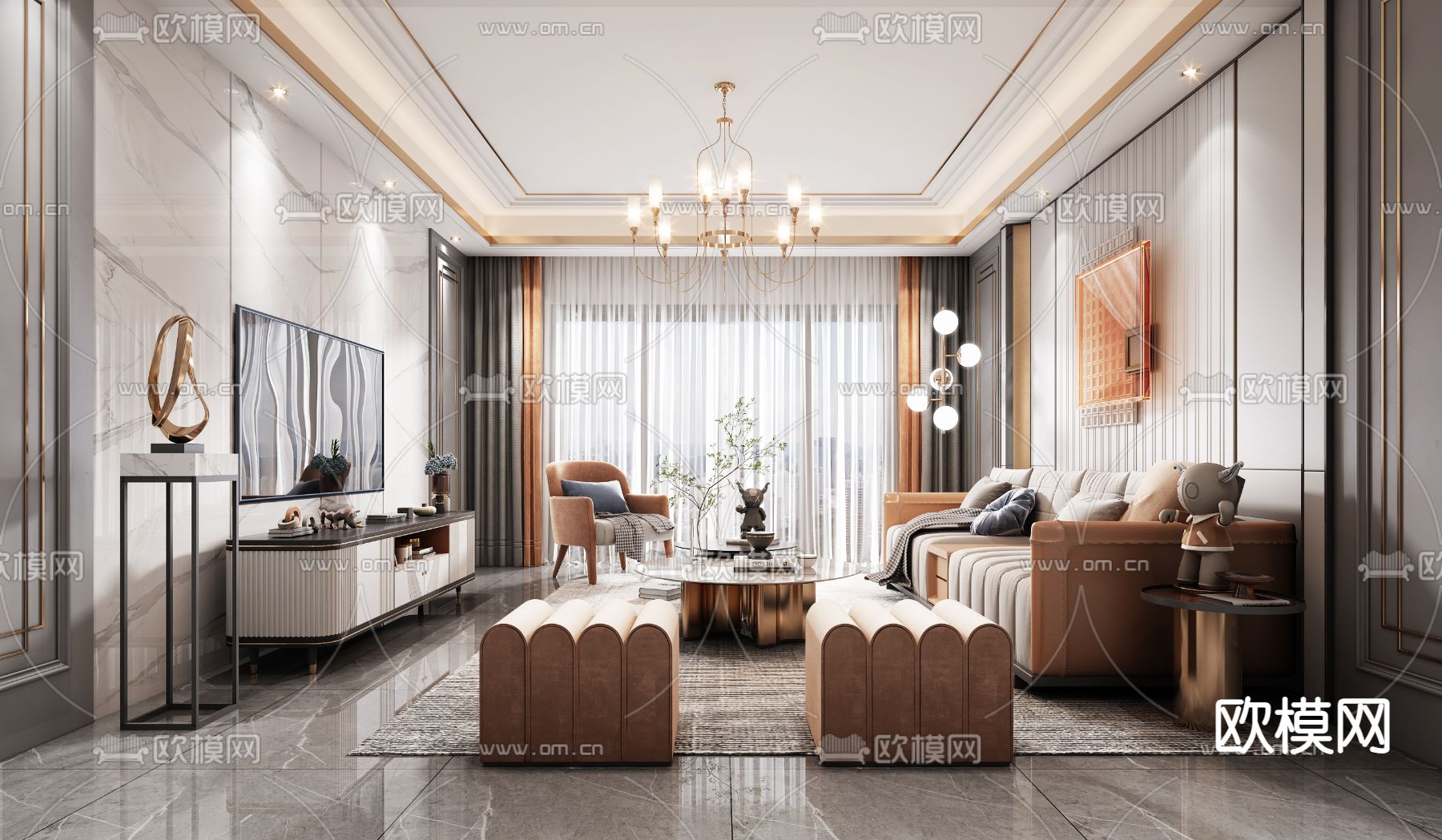 现代轻奢客厅3d模型下载（渲染图3）