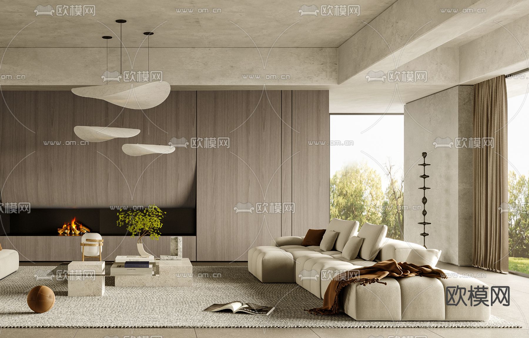 侘寂风布艺沙发组合3d模型下载（渲染图2）