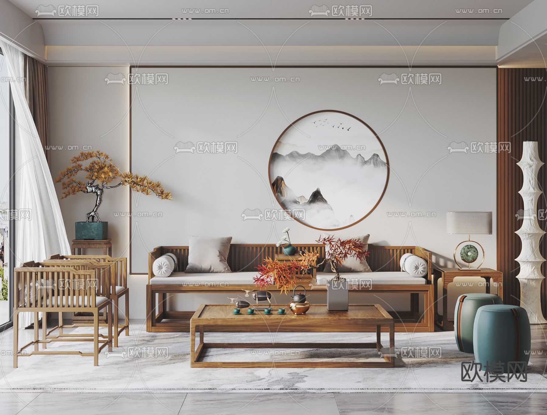 新中式实木沙发组合3d模型下载