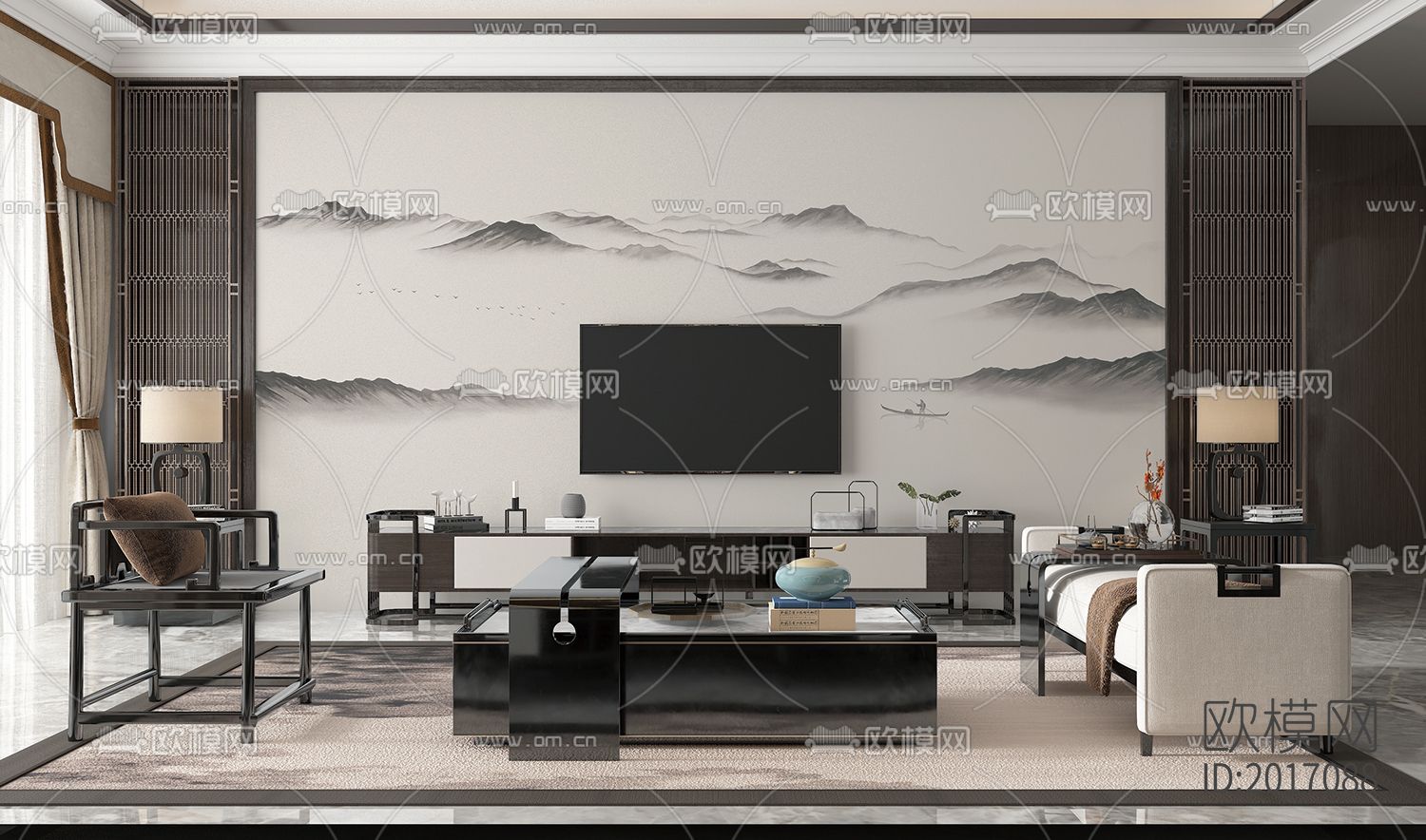 新中式意境山水壁画壁纸下载（渲染图4）