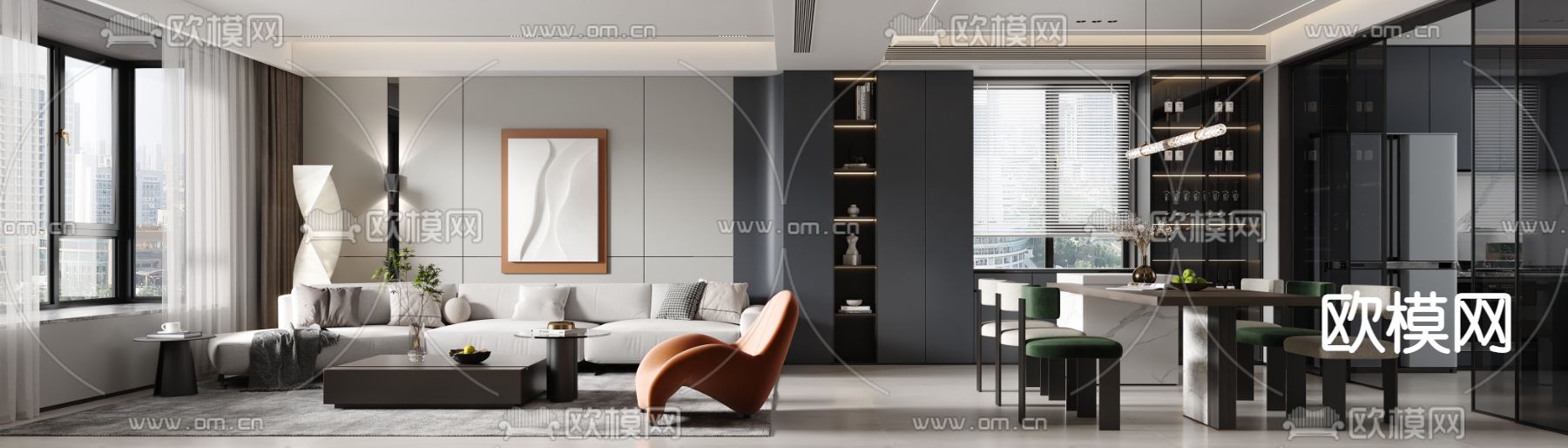 现代高级灰客厅餐厅3d模型