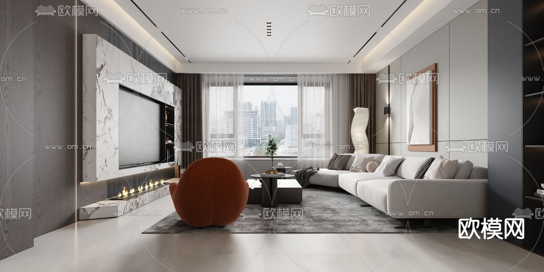 现代高级灰客厅餐厅3d模型
