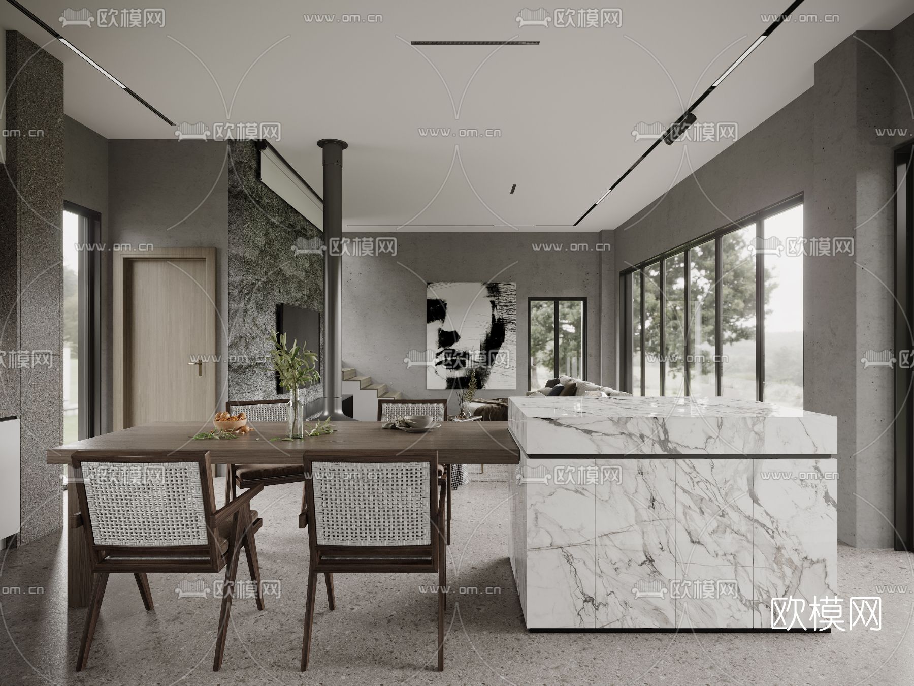 现代高级灰客厅餐厅3d模型下载（渲染图2）