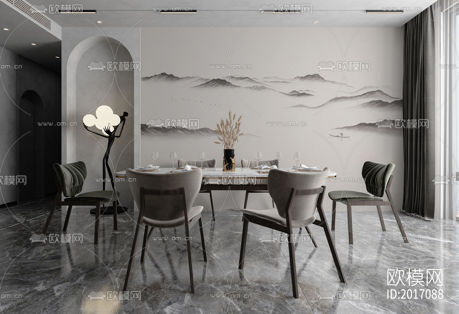 新中式意境山水壁画壁纸下载（渲染图3）