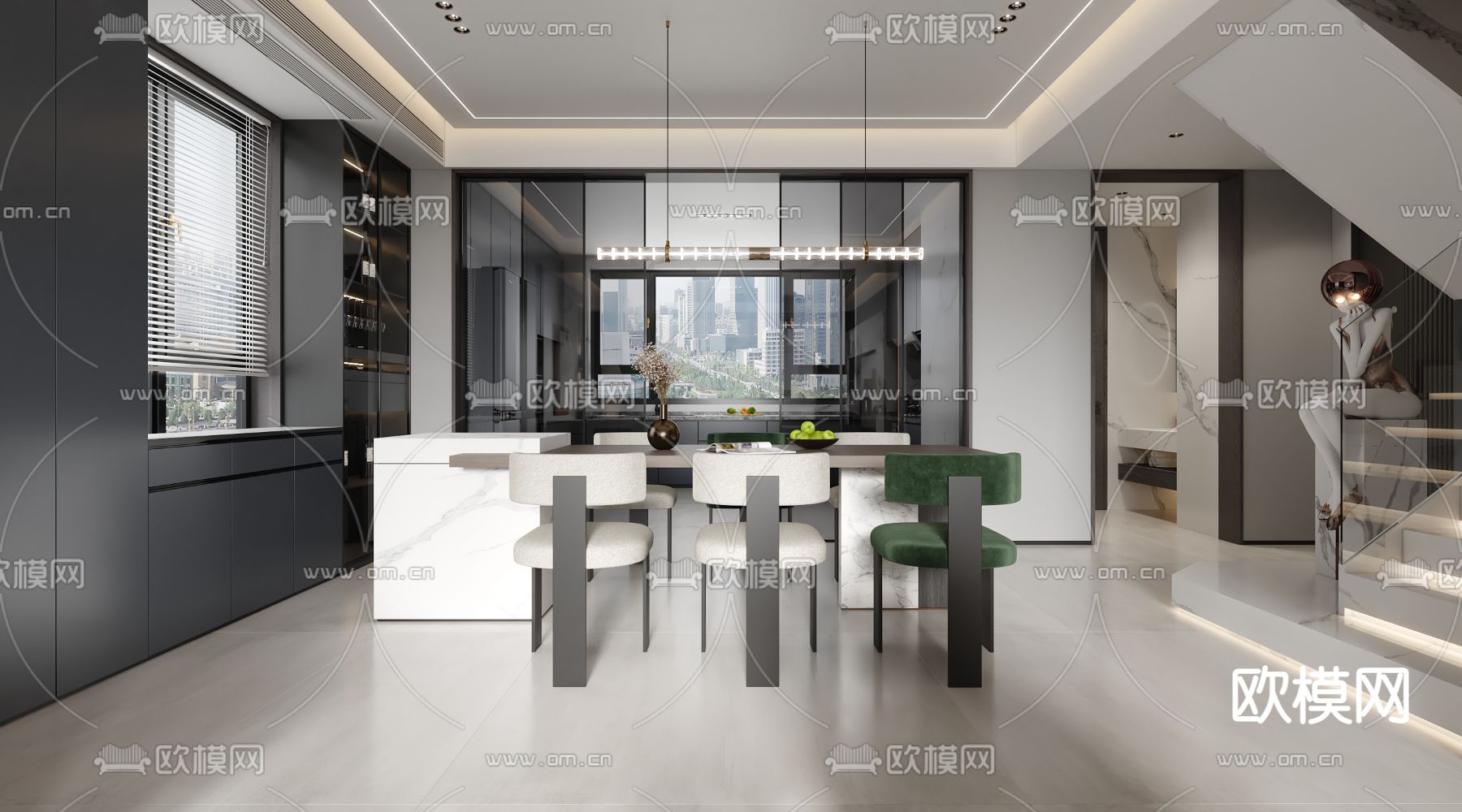现代高级灰客厅餐厅3d模型