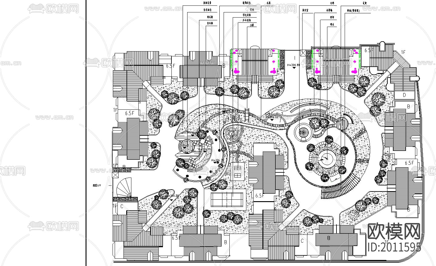 小区绿化规划图CAD施工图下载（渲染图2）