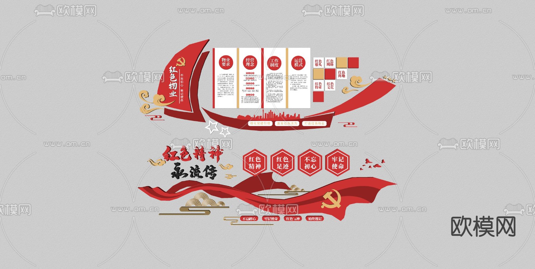 现代党建文化宣传墙su模型