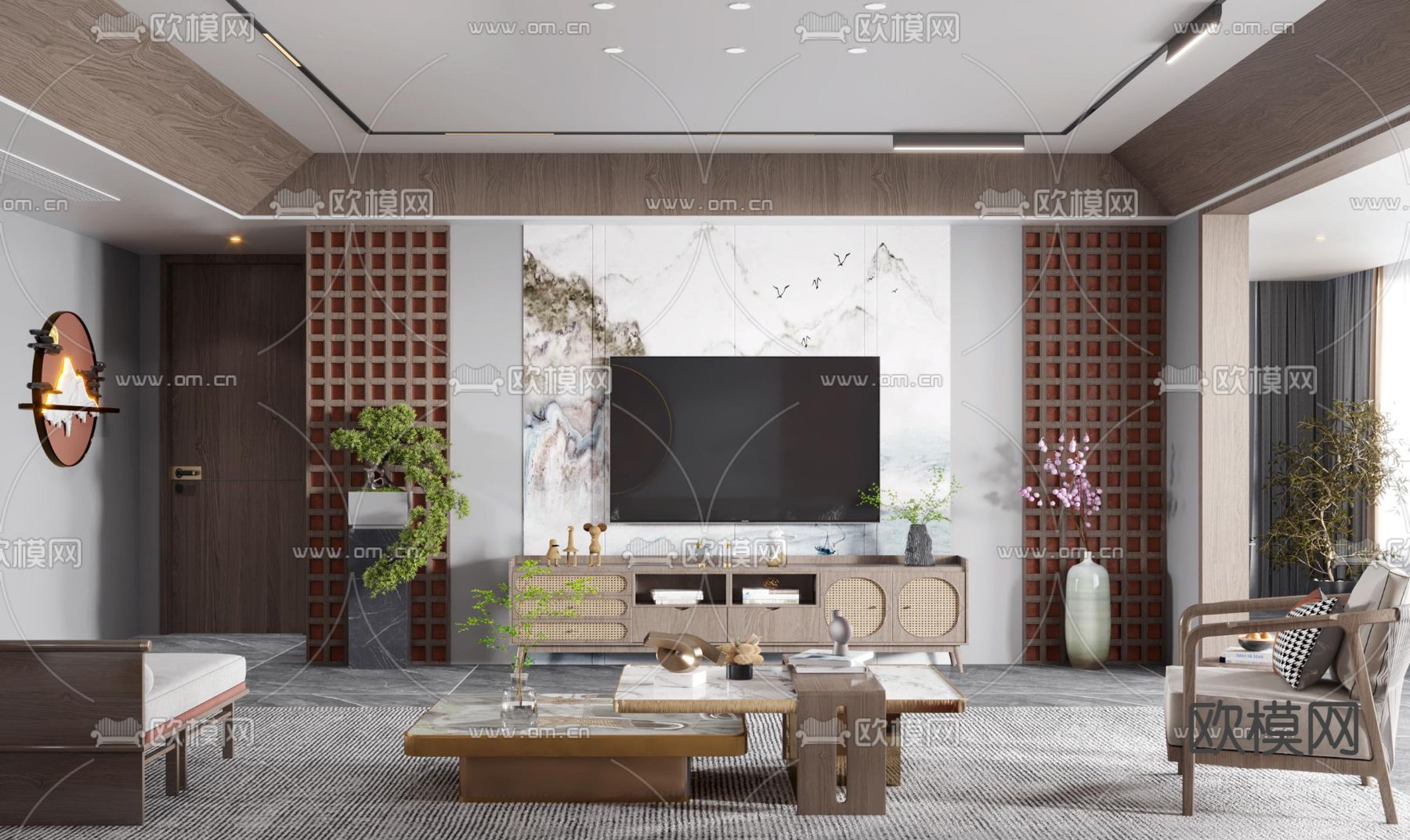 新中式电视背景墙su模型下载_ID11855761_sketchup模型下载-欧模网