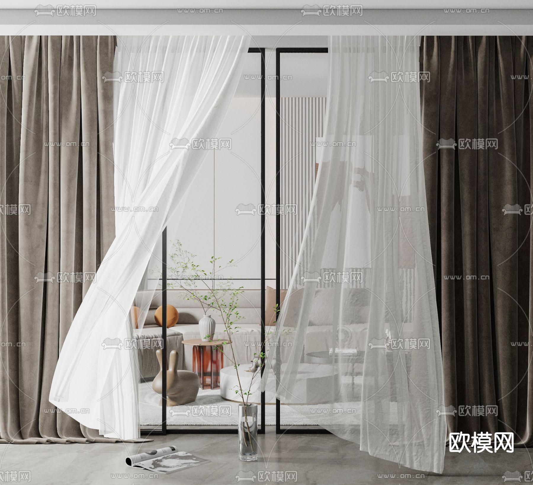 现代布艺纱窗窗帘su模型下载（渲染图1）