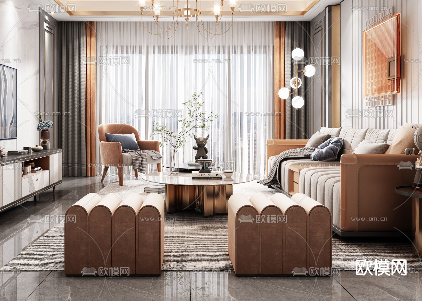 现代轻奢客厅3d模型下载（渲染图5）