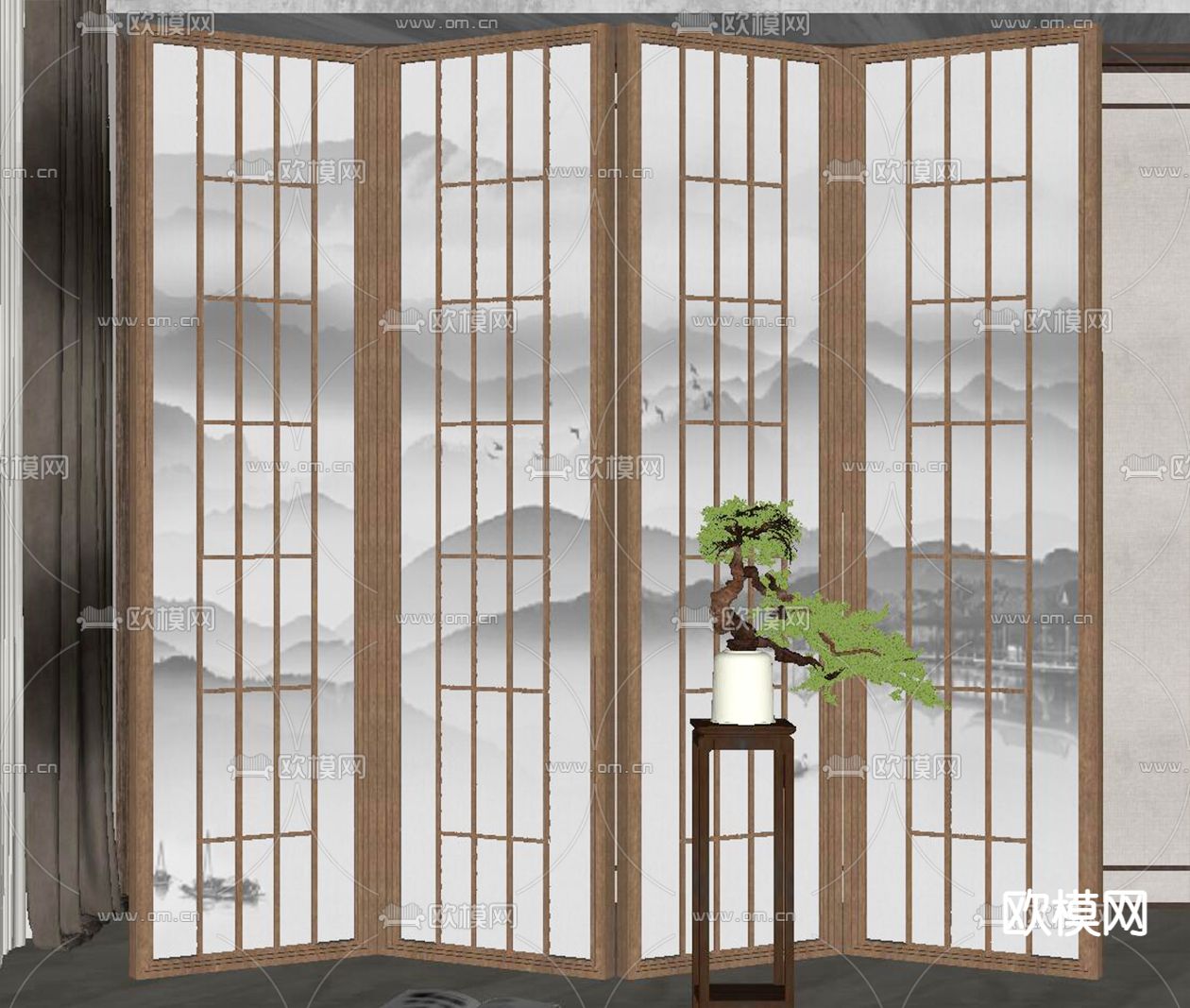 新中式屏风隔断su模型下载（渲染图2）