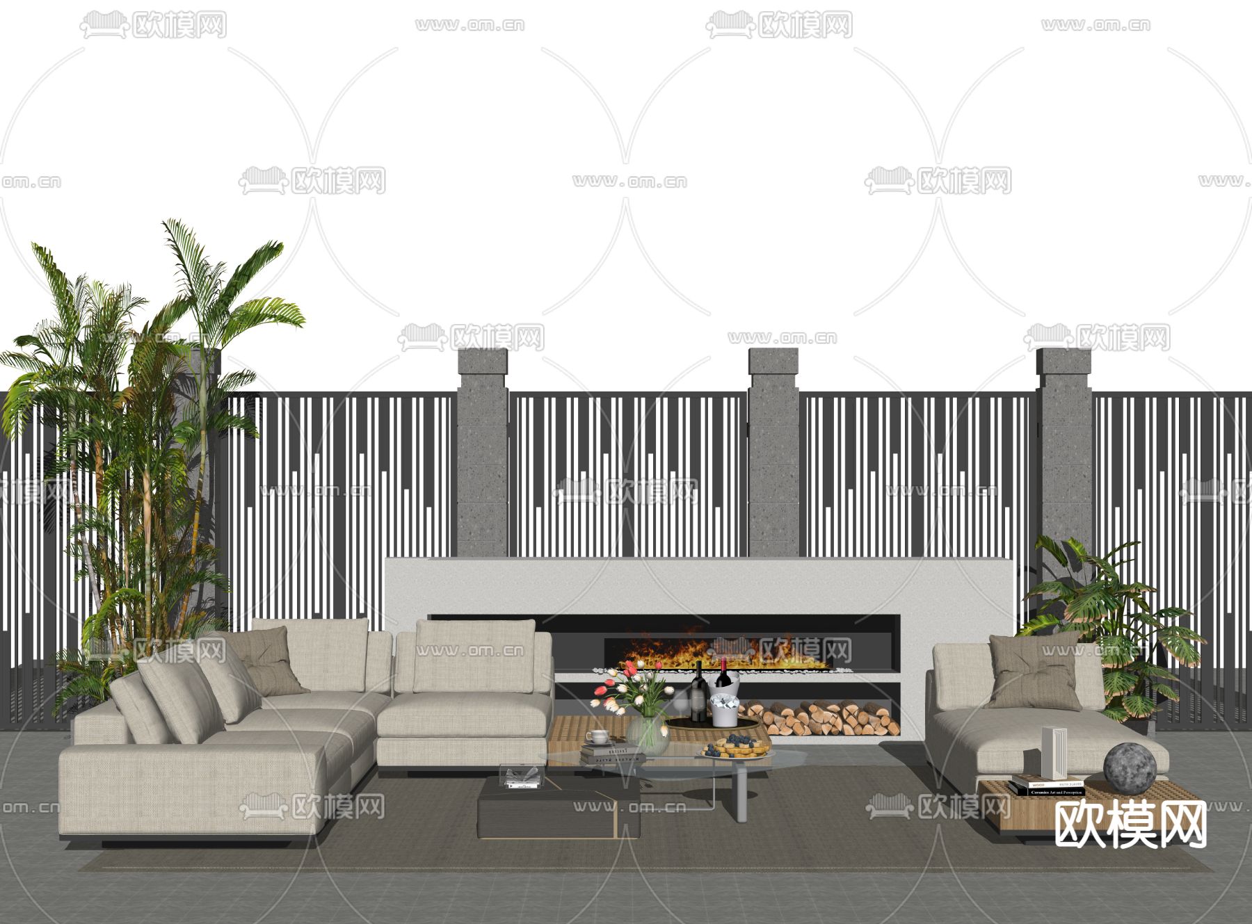 现代布艺沙发组合su模型下载（渲染图2）