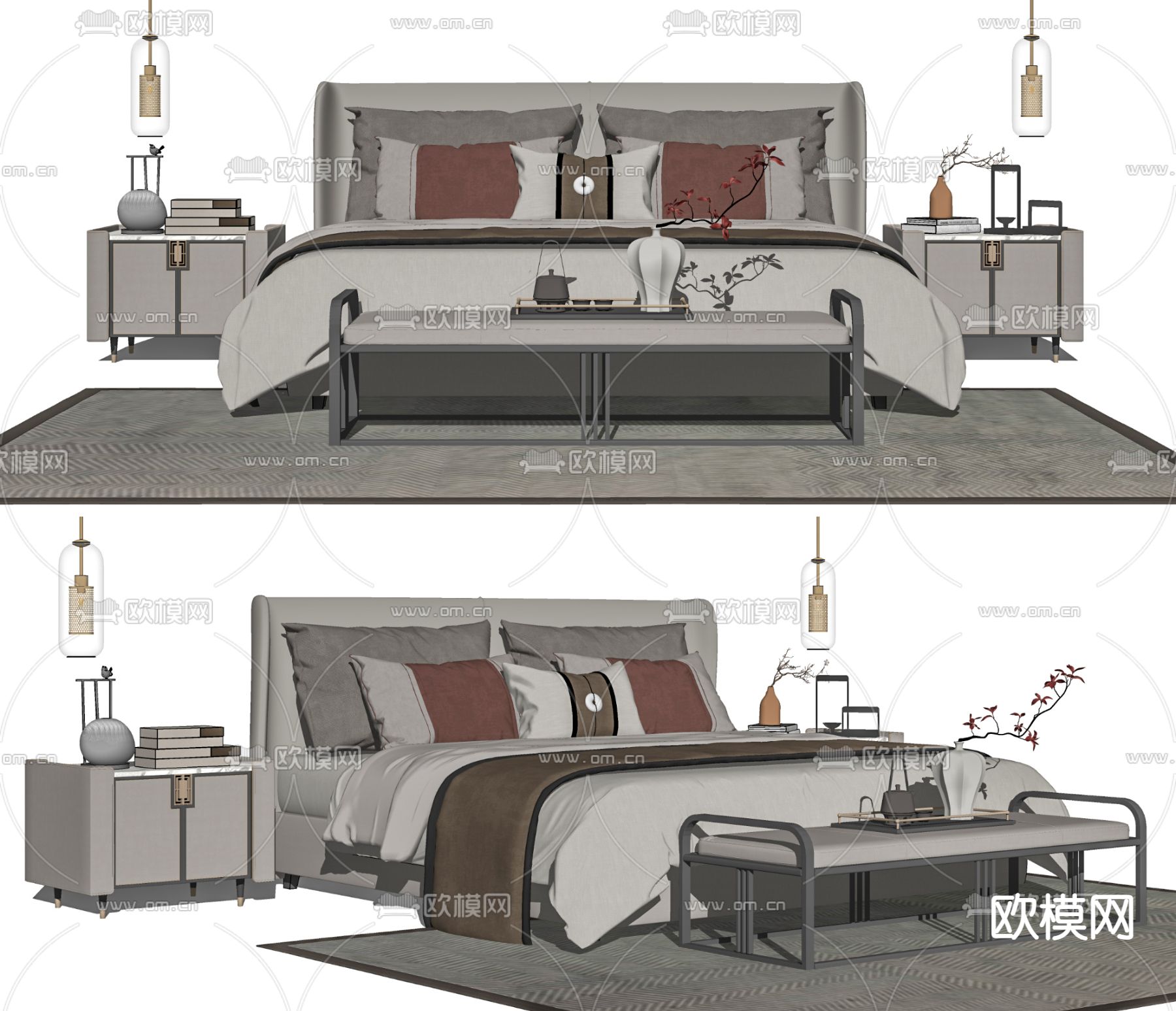 新中式布艺双人床su模型下载（渲染图2）