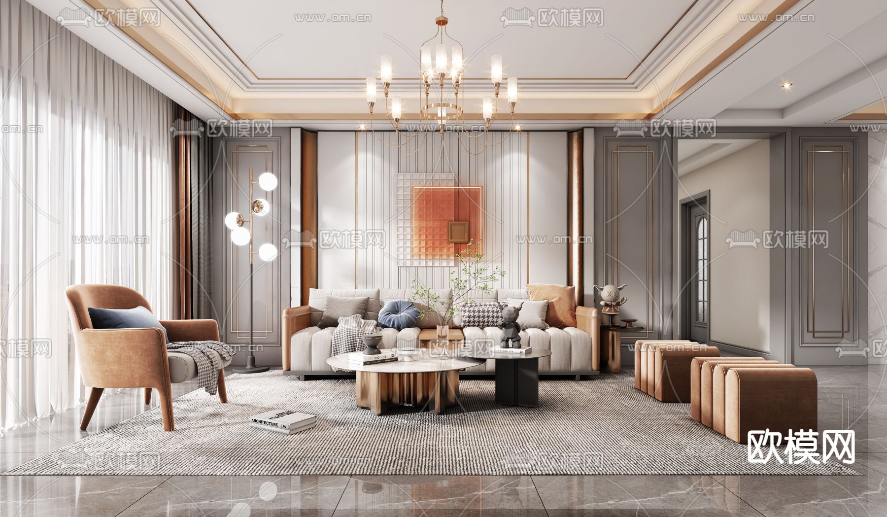 现代轻奢客厅3d模型下载（渲染图1）