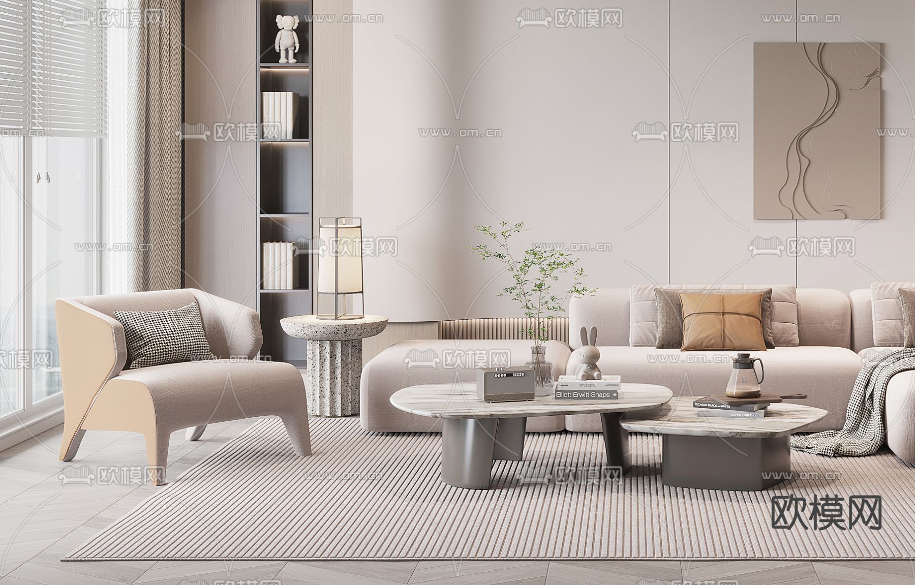 现代布艺转角沙发组合3d模型下载（渲染图2）