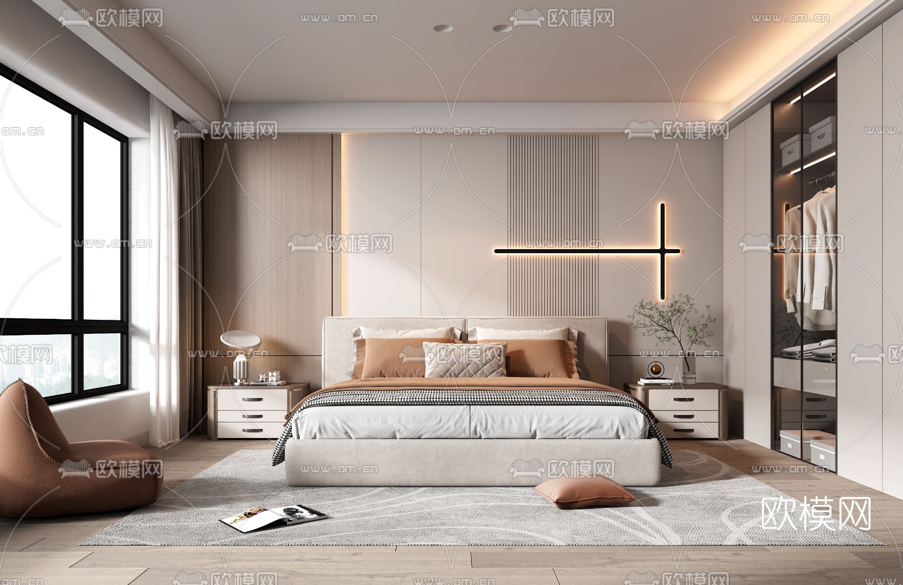 现代卧室主人房3d模型下载（渲染图1）