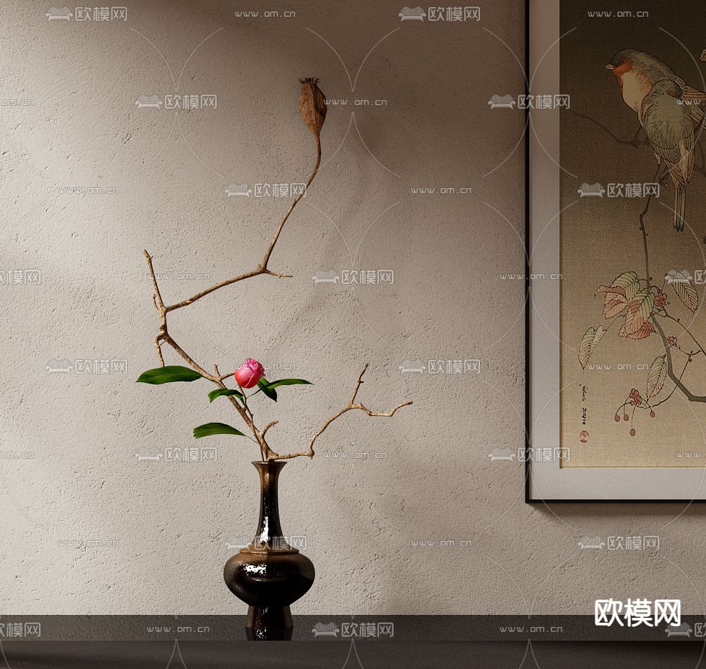 新中式枯枝花瓶花艺3d模型下载（渲染图2）