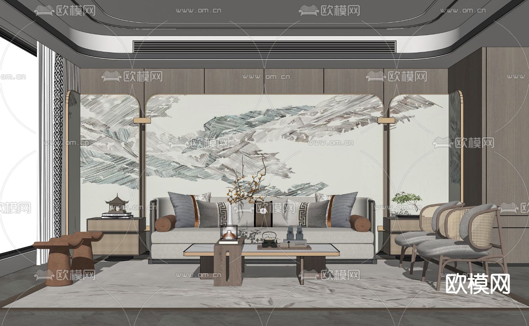 新中式布艺沙发组合su模型